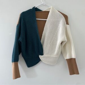 Colorblock Open-Front Crop Knit Sweater - Teal, Cream & Brown
